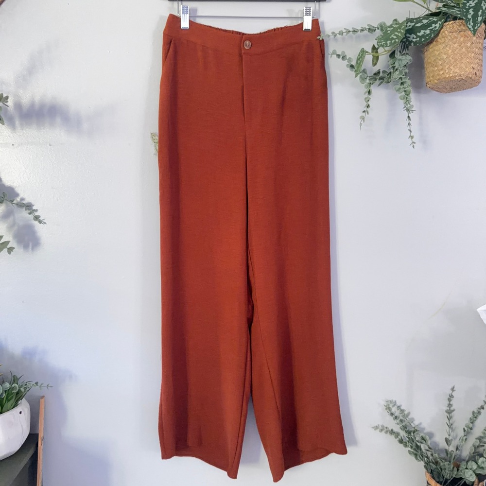 Paper Crane Pants Rust Orange Earthy Boho Textured Wide Leg Culotte Wmns Large